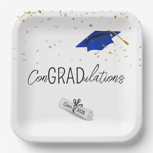 2025 Graduation Gold Confetti and Blue Cap Paper Plate (Front)