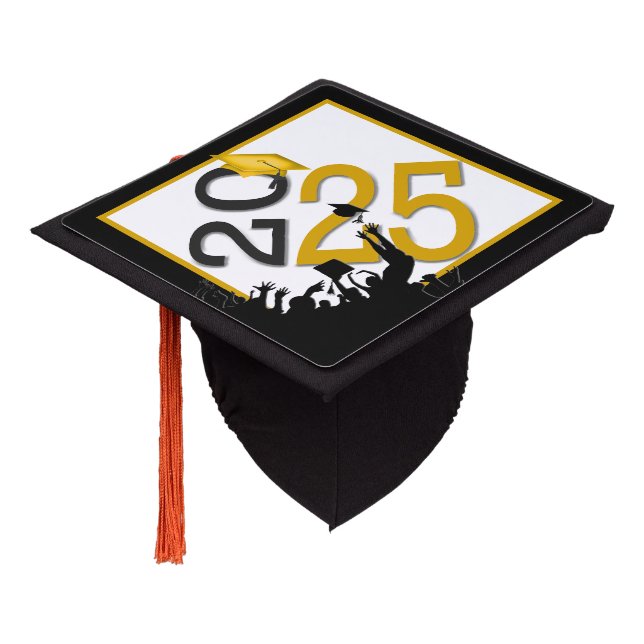 2025 Graduation In Gold and Black Graduation Cap Topper (Angled)