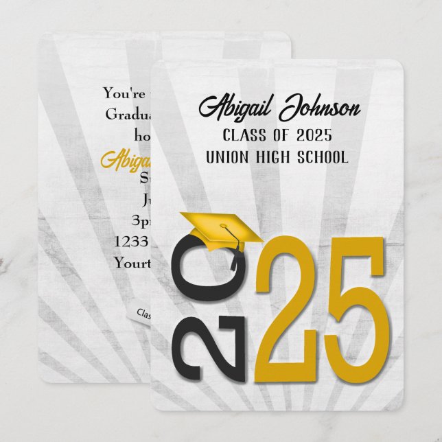2025 Graduation In Gold and Black School Colours Invitation (Front/Back)
