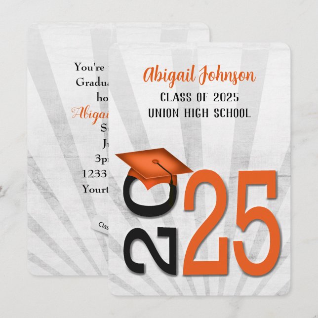 2025 Graduation In Orange and Black School Colours Invitation (Front/Back)