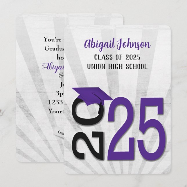2025 Graduation In Purple and Black School Colours Invitation (Front/Back)