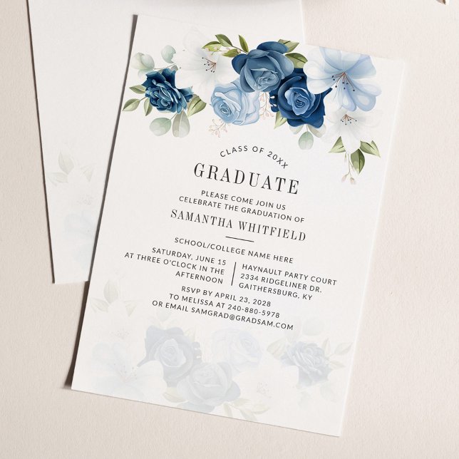 2025 Graduation Party Dusty Blue Floral Invitation (Graduation 2024 Dusty Blue Floral Party Invitation)