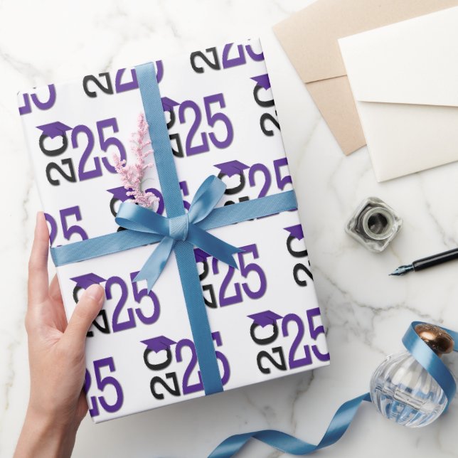 2025 Graduation Purple Cap On Black  Wrapping Paper (Gifting)