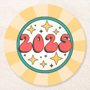 2025 groovy retro chubby text and stars round paper coaster