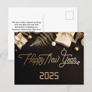 2025 Happy New Year Black Custom Gold Business Holiday Postcard
