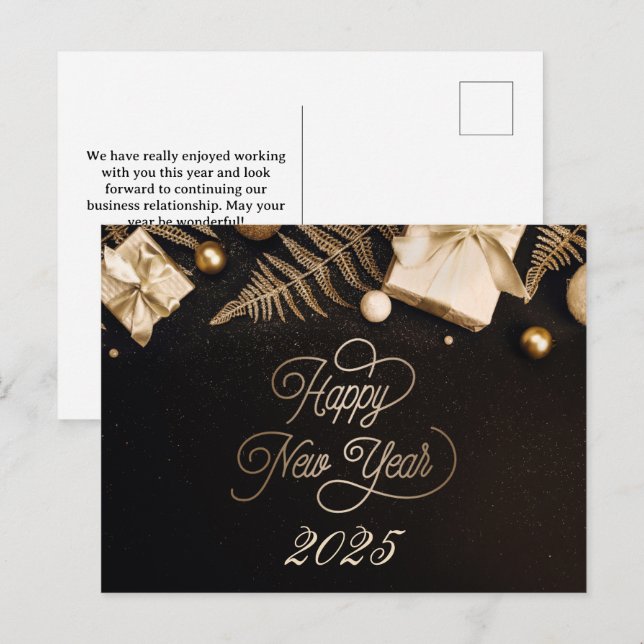 2025 Happy New Year  Black Custom Gold Business Holiday Postcard (Front/Back)