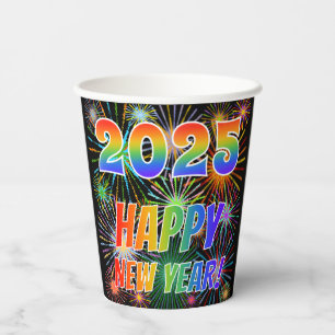 2025 HAPPY NEW YEAR!, Colourful Fireworks Pattern Paper Cups