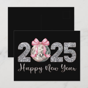 2025 Happy New Year Disco Ball Pink Bow Holiday Postcard