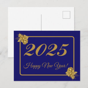 2025,Happy new year!gold flower & navy background Postcard