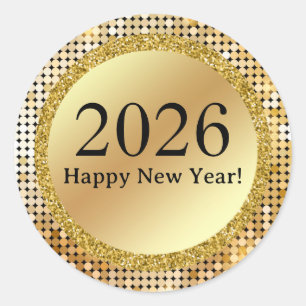 2025 happy new year gold lights retro disco metal classic round sticker