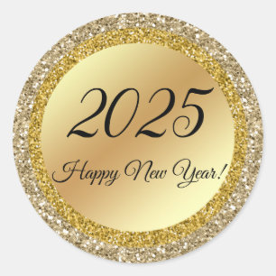 2025 happy new year,gold metallic sparkles  classic round sticker