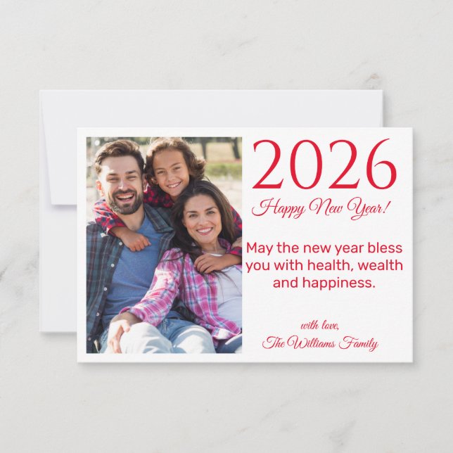 2025 happy new year, red script, holiday photo card (Front)