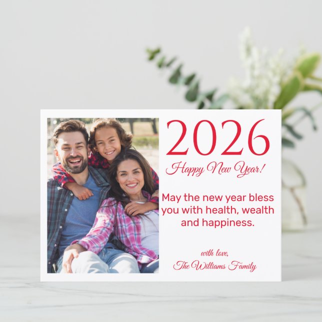 2025 happy new year, red script, holiday photo card (Standing Front)