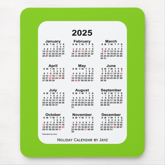 2025 Holiday Yellow Green Calendar by Janz Mouse Pad (Front)