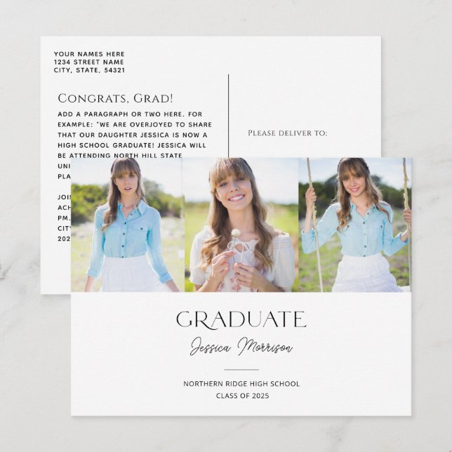2025 Minimalist Black & White 3 Photos Graduation Postcard (Front/Back)