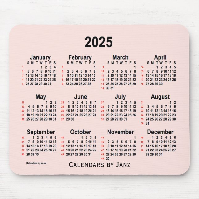 2025 Misty Rose 52 Weeks Calendar by Janz Mouse Pad (Front)