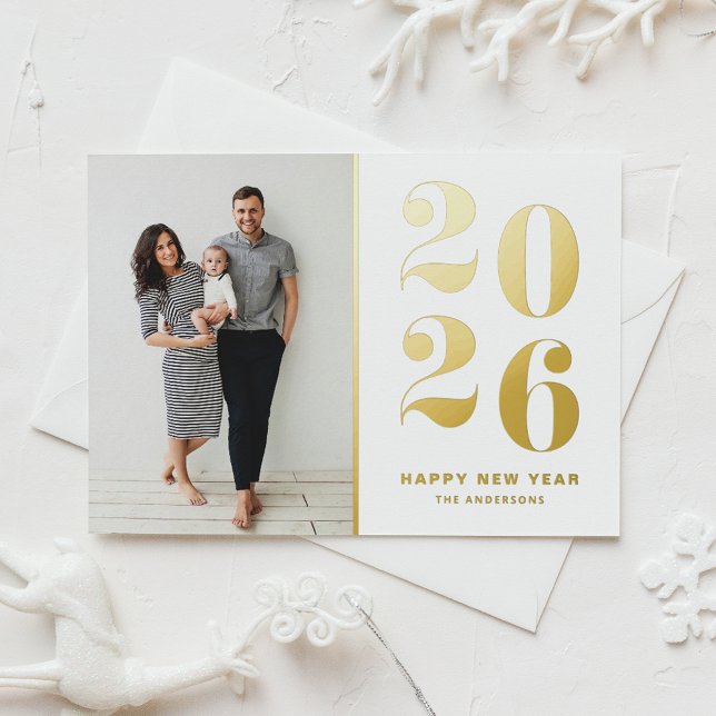 2025 Modern Bold Typography New Year Foil Holiday Postcard (Customizable photo Happy New Year postcard featuring 2026 in gold foil and a white background.)
