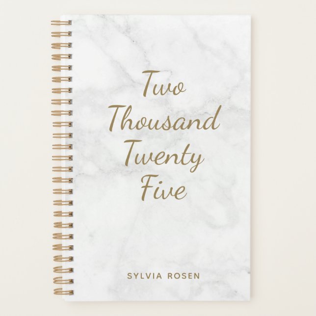 2025 Modern Grey White Marble Personalized Planner (Front)