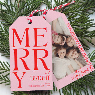 2025 Modern Merry and Bright Red Pink Christmas Gift Tags