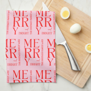 2025 Modern Merry and Bright Red Pink Christmas Kitchen Towel