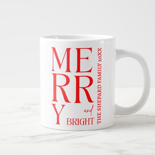 2025 Modern Merry and Bright Red Pink Christmas Large Coffee Mug (Right)