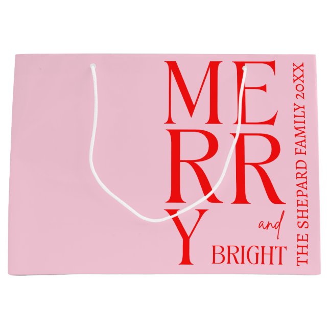 2025 Modern Merry and Bright Red Pink Christmas Large Gift Bag (Front)