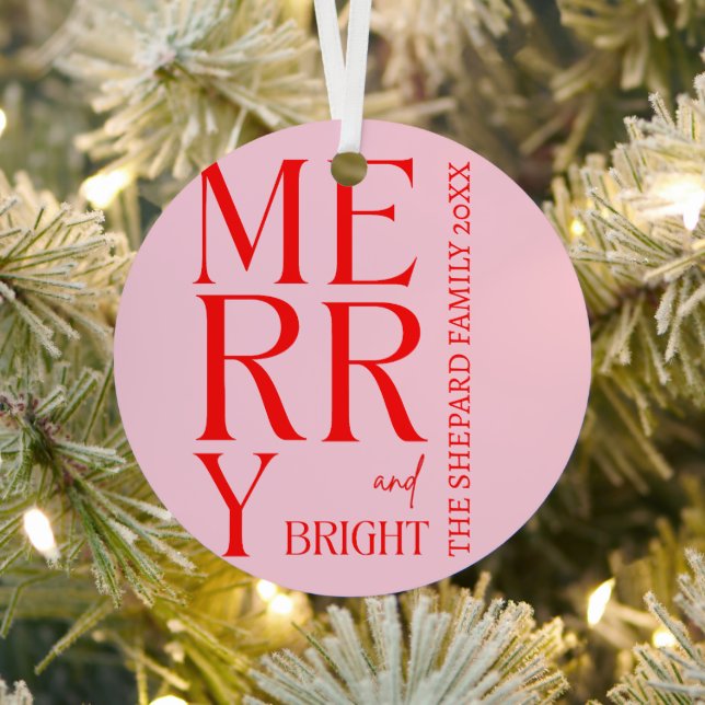 2025 Modern Merry and Bright Red Pink Christmas Metal Ornament (Insitu)