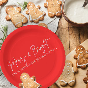 2025 Modern Merry and Bright Red Pink Christmas Paper Plate