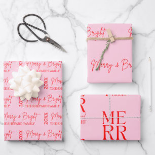 2025 Modern Merry and Bright Red Pink Christmas Wrapping Paper Sheet