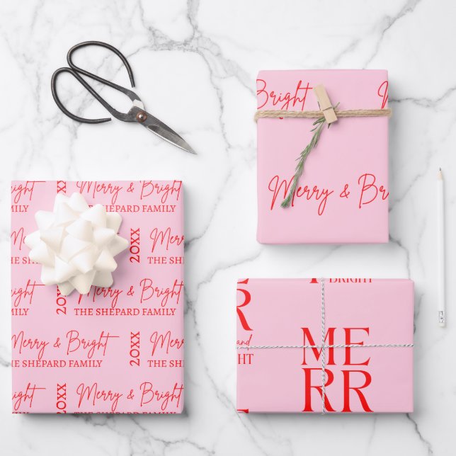 2025 Modern Merry and Bright Red Pink Christmas Wrapping Paper Sheet (Front)