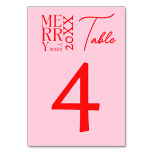 2025 Modern Merry Bright Red Pink Christmas Photo Table Number