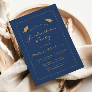 2025 Modern Navy Blue Gold Border Graduation Party Invitation
