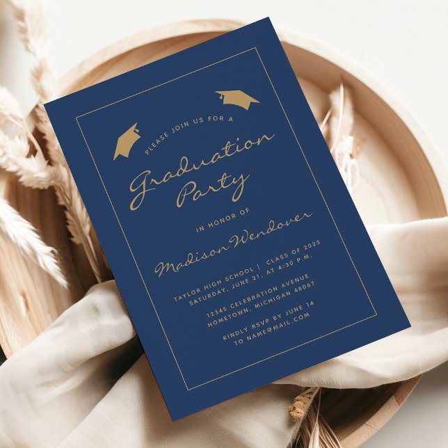 2025 Modern Navy Blue Gold Border Graduation Party Invitation (Creator Uploaded)