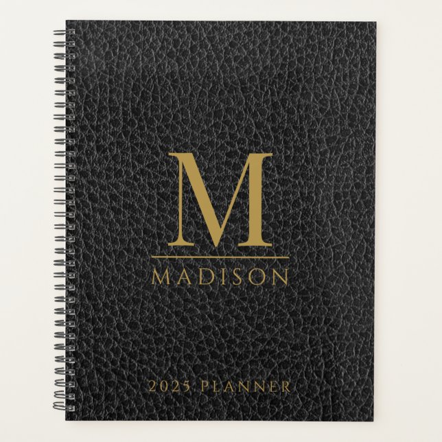 2025 Monogrammed Elegant Gold Black Modern Planner (Front)