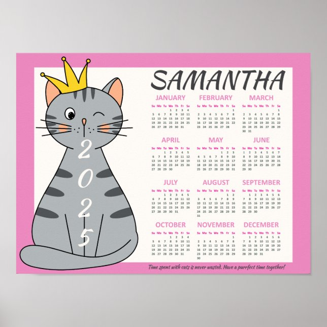 2025 Monthly Calendar Cute Pink Name Playful Cat Poster (Front)