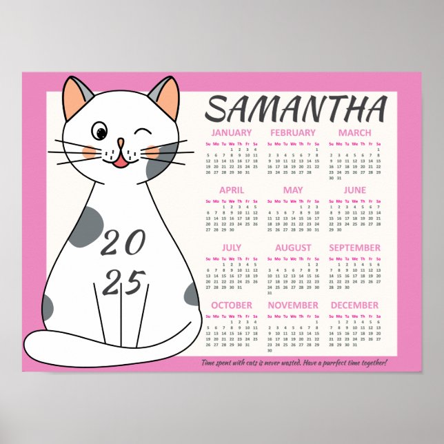 2025 Monthly Calendar Cute Pink Playful White Cat Poster (Front)