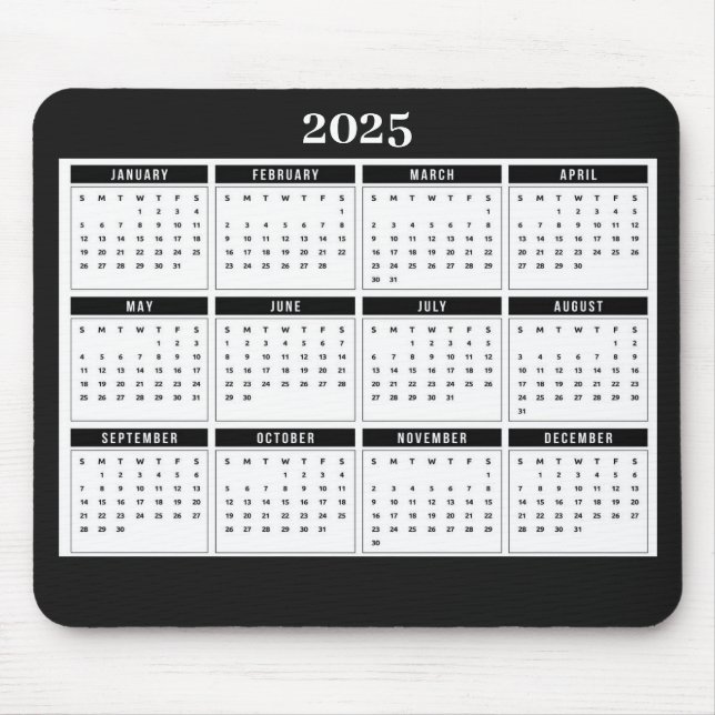 2025 Monthly Calendar Modern Black White  Mouse Pad (Front)