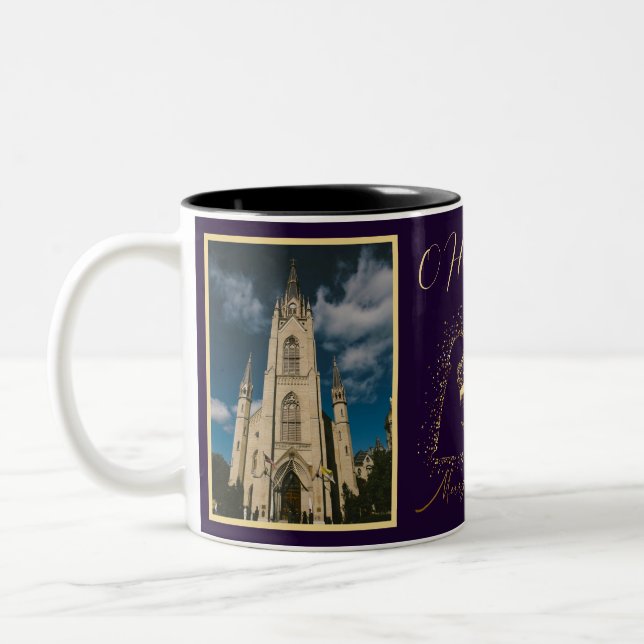 2025 Nativity Manger Gold Holy Night Script Photo Two-Tone Coffee Mug (Left)