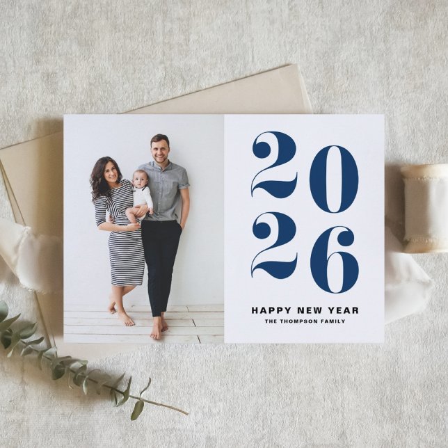 2025 Navy Blue Bold Typography New Year Photo Holiday Card (Customizable navy blue Happy New Year Photo Card featuring 2026 in retro bold typography.)