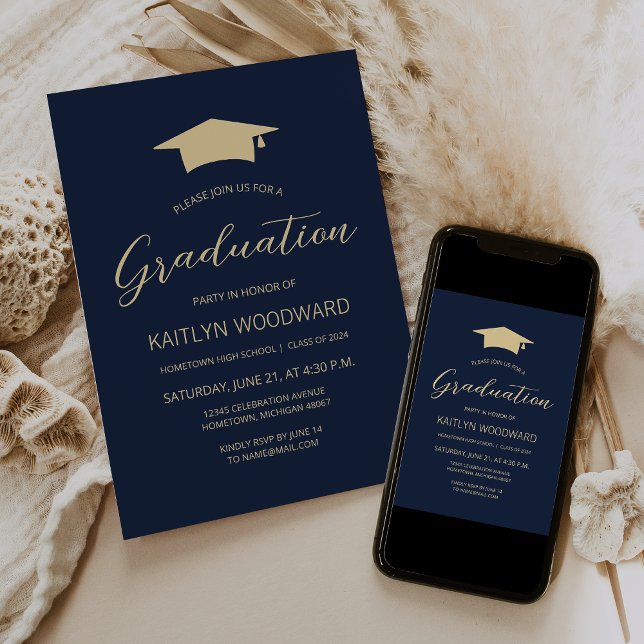 2025 Navy Blue Gold Cap Modern Graduation Party Invitation (Creator Uploaded)