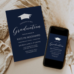 2025 Navy Blue White Cap Modern Graduation Party Invitation