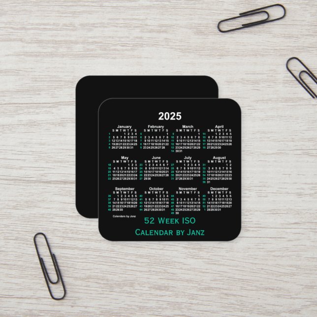 2025 Neon 52 Week ISO Calendar by Janz Square Business Card (Front/Back In Situ)