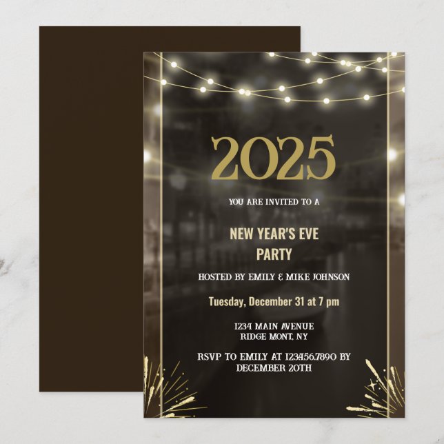 2025 New Year Black Gold Modern Custom Add Year Invitation (Front/Back)