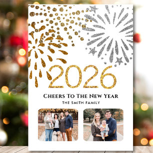 2025 New Year Festive Fireworks Gold Family Photo Holiday Card