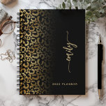 2025 Personalized Black Gold Leopard Spots Planner<br><div class="desc">Personalize this elegant modern design with your name in vertical gold-coloured signature handwriting script on a black background with a chic border of gold leopard spots. Add the year in sans serif font. (To keep the swashes at the beginning and end of the name, replace only the letters, leaving the...</div>