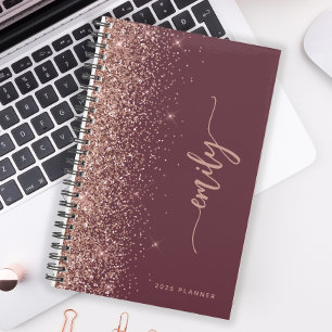 2025 Personalized Burgundy Rose Gold Glitter Planner