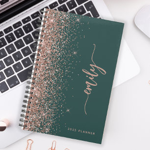 2025 Personalized Emerald Green Rose Gold Glitter Planner
