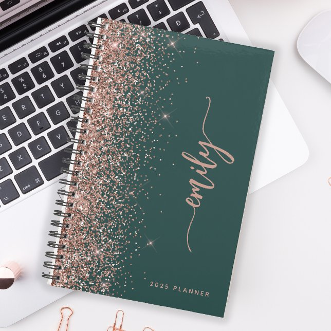 2025 Personalized Emerald Green Rose Gold Glitter Planner (Creator Uploaded)