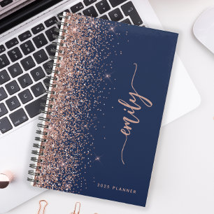 2025 Personalized Navy Blue Rose Gold Glitter Planner