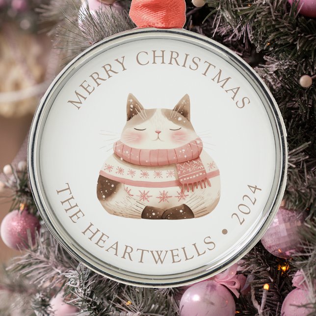 2025 Personalized Watercolor Cat Merry Christmas Metal Ornament (Creator Uploaded)
